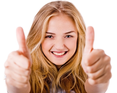 Closeup of women showing thumbs up in both hands on a isolated white background